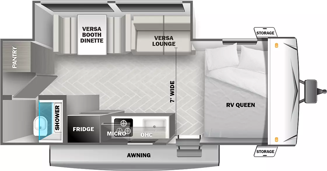 The 197SS has one slideout and one entry. Exterior features an awning and front storage. Interior layout front to back: bed; door side entry, kitchen counter, overhead cabinet, microwave, and refrigerator; off-door side slideout with versa lounge and versa booth dinette; rear door side bathroom with toilet and shower only; rear off-door side pantry. 7 foot wide.