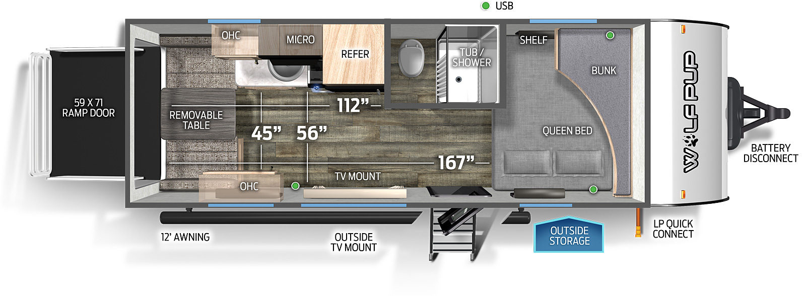 The 18RJBWBL has no slide outs and one entry door. Exterior features include a rear ramp door, 12 foot awning, outside TV mount, outside storage, LP quick connect, and battery disconnect. Interior layout front to back: front queen bed with shelf, and bunk above; off-door side aisle bathroom with only a toilet and tub/shower; off-door side refrigerator, microwave, overhead cabinets, cook top stove, and kitchen countertop with sink; door side TV mount and overhead cabinet; rear removable table and seats. Cargo area dimensions: 167 inches from the rear to the queen bed, 112 inches from the rear to the bathroom wall, 45 inches between kitchen countertop and door side overhead cabinet, 56 inches between kitchen countertop and door side wall, and 59x71 inch rear ramp door.