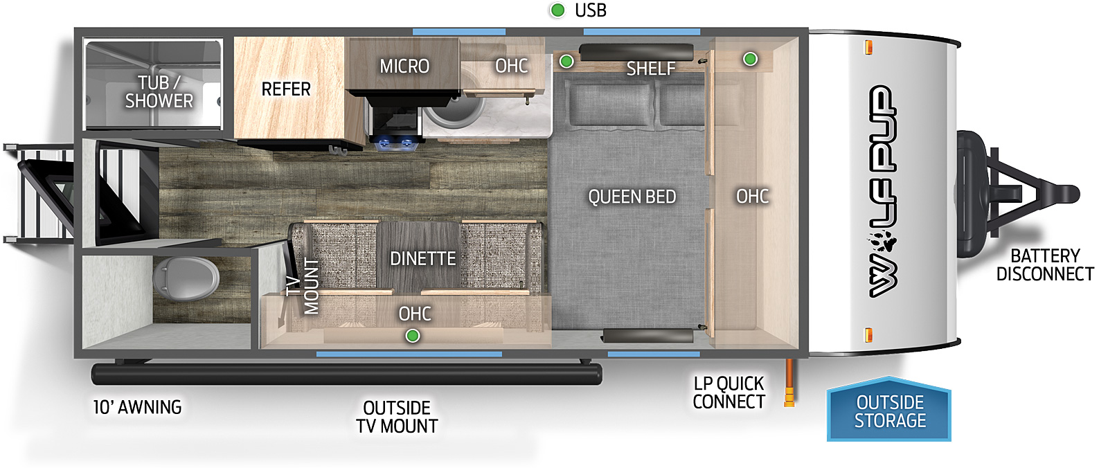 The 14CCWBL has no slide outs and one entry. Exterior features include battery disconnect, LP quick connect, outside storage, 10 foot awning, and outside TV mount. Interior layout front to back: front queen bed with shelf and overhead cabinet; off-door side countertop, sink, microwave, cook top stove, overhead cabinet and refrigerator; door side dinette, overhead cabinet, and TV mount; rear off-door side tub/shower; rear door side toilet; rear entry door.