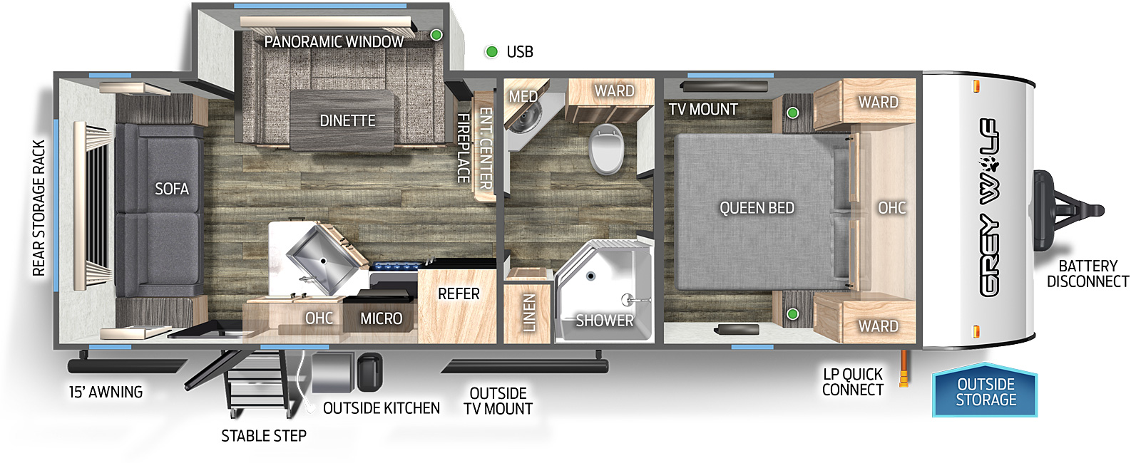 The 23MKBL has one slide out and one entry door. Exterior features include a rear storage rack, 15 foot awning, rear stable step entry, outside kitchen, outside TV mount, LP quick connect, outside storage, and battery disconnect. Interior layout front to back: queen bed with overhead cabinet, wardrobes on each side, and TV mount; split bathroom with toilet, wardrobe, sink and medicine cabinet on off-door side, and shower and linen closet on door side; entertainment center and fireplace along inner wall; off-door side slide out with u-dinette and panoramic window; door side refrigerator, microwave, cooktop stove, overhead cabinets, peninsula kitchen countertop with sink, and entry door; rear sofa.