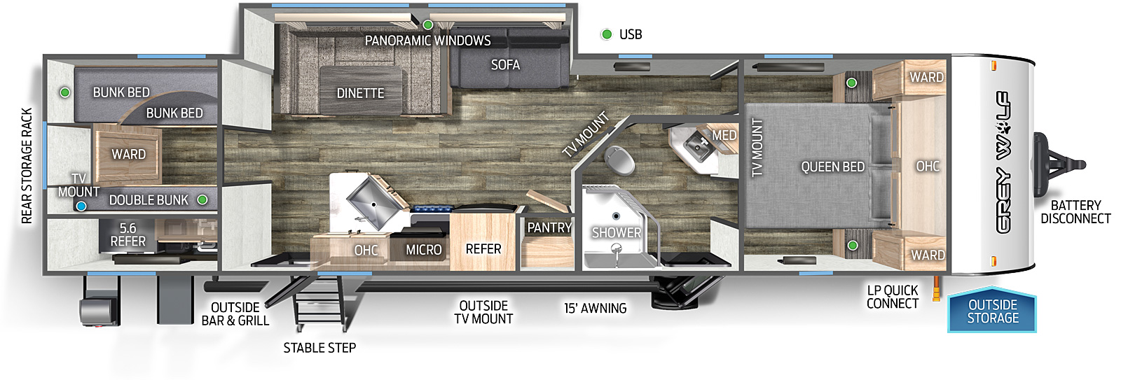 The 29TEBL has one slide out and two entry doors. Exterior features include a rear storage rack, outdoor bar and grill with refrigerator and sink, rear stable step entry, outside TV mount, 15 foot awning, LP quick connect, outside storage, and battery disconnect. Interior layout front to back: queen bed with overhead cabinet, wardrobes on each side and TV mount; door side aisle pass through full bathroom with entry door and medicine cabinet; off-door side slide out with sofa, u-dinette, and panoramic window; door side pantry, refrigerator, microwave, cooktop oven, overhead cabinet, peninsula kitchen countertop with sink, and second entry; rear bunkhouse with bunk beds on off-door side, double bunk on door side and wardrobe with TV mount.