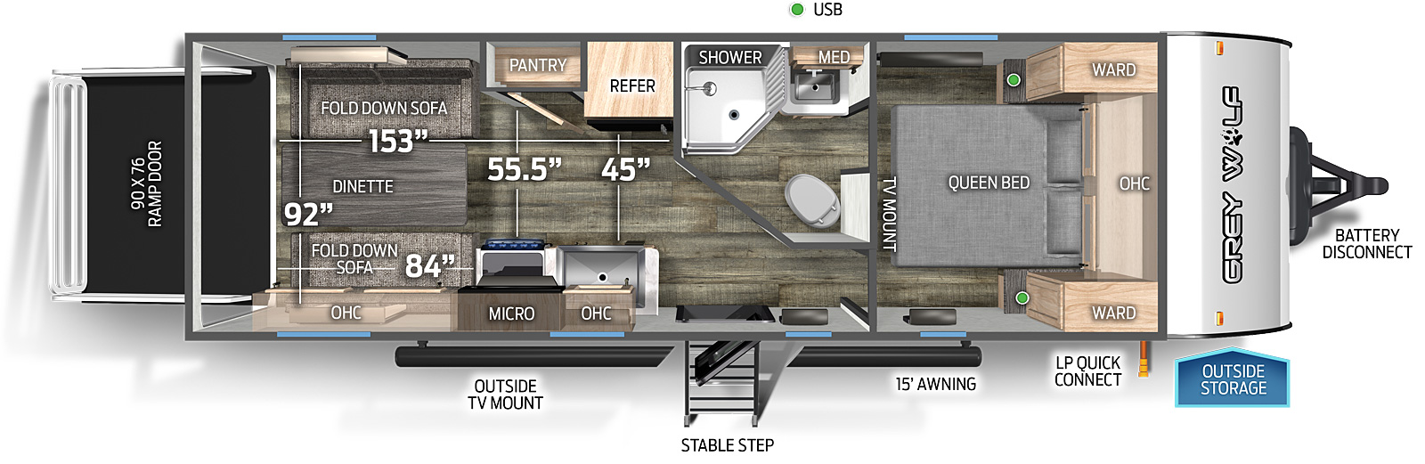 The 22RRBL has no slide outs, a rear ramp door and one entry door. Exterior features include outside TV mount, mid stable step entry, 15 foot awning, LP quick connect, outside storage, and battery disconnect; Interior layout front to back: queen bed with overhead cabinet, wardrobes on either side, and TV mount; off-door side aisle pass through full bathroom with medicine cabinet; off-door side refrigerator, and pantry; door side entry, kitchen countertop with sink, overhead cabinet, microwave, and cook top stove; rear opposing fold down sofas with dinette table in the rear. Cargo area measurements include: 45 inches between the refrigerator and kitchen countertop; 55.5 inches between the pantry and the kitchen countertop; 153 inches from the rear of the trailer to the bathroom wall; 84 inches from the rear of the trailer to the kitchen countertop; 92 inches from wall to before you reach the pantry and countertop; 90 inch by 76 inch rear ramp door.