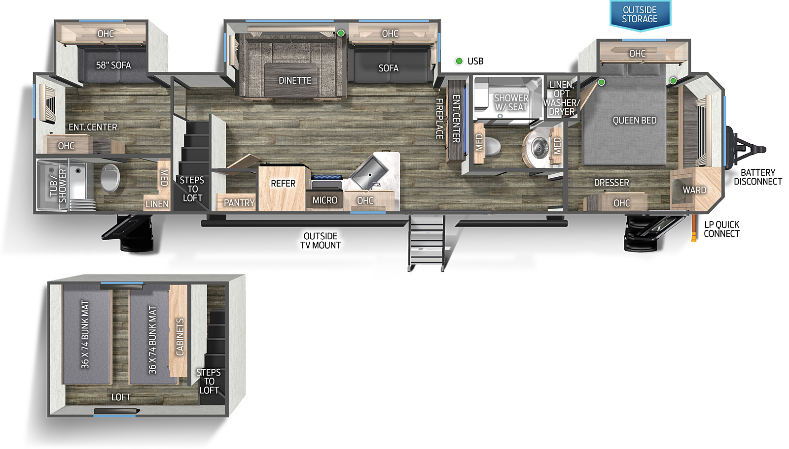 The 39CABL has 3 slide outs and three entry doors. Exterior features include battery disconnect, LP quick connect, off-door side exterior storage, and outside TV mount. Interior layout front to back: front bedroom with off-door side queen bed slide out, with overhead cabinets, wardrobe, dresser with overhead cabinets, one entry door, and linen closet with optional washer/dryer prep; side aisle bathroom with two medicine cabinets and a shower with seat; sliding glass door entry; entertainment center with fireplace below on inner wall; off-door side slide out containing sofa with overhead cabinets, and u-dinette; door side kitchen countertop peninsula with sink, overhead cabinet, microwave, cook top stove, refrigerator and pantry; stairs to a loft over the rear of the trailer with two bunk mats and cabinets; full bathroom in the door side rear corner with third entry; rear off-door side slideout with sofa, and overhead cabinets, and entertainment with overhead cabinets along inner wall with bathroom.