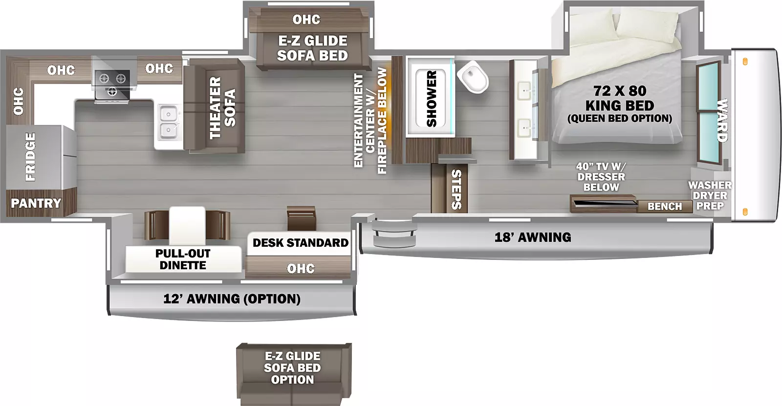 The Riverstone Reserve 3850RK has one entry door, an 18 foot electric power awning, and three slideouts. The entry door leads to a living area on the left and a hallway on the right. A door side slideout is directly to the left of the entry door. The slideout has a desk with a chair and overhead storage above. It also has a pull out dinette with two chairs. The rear of the living area has a kitchen area. The Kitchen area has a pantry, a refrigerator and a wrap-around countertop. The countertop has a stove and a sink. Overhead storage is above the countertop and a microwave is above the sink. A sofa with theater seating is on the off door side of the RV, forward of the kitchen area. The off door slideout has a sofa with overhead storage above. The sofa can be converted into a bed. The front of the living area has an entertainment center with an electric fireplace below it. The steps lead to a bathroom on the left and a bedroom straight ahead. The bathroom has linen storage, shower, toilet, and a countertop with two sinks. Medicine cabinets are above the sinks. The bedroom has an off door side slideout with a 72 by 80 inch king bed. The front of the bedroom has a walk-in wardrobe. The door side of the bedroom has a bench and a 40 inch TV with a dresser below it.