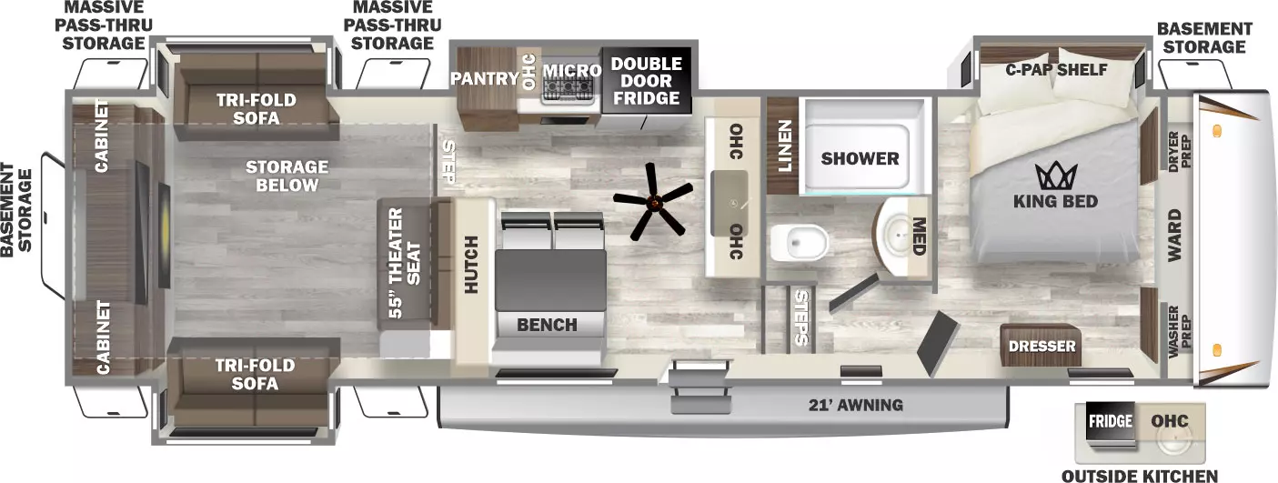 The 350RL has four slide outs, three on the off-door side and one on the door side and one entry door. Exterior features include a 21 foot awning, front outside kitchen with refrigerator, sink, and overhead cabinet, and rear basement storage accessible from rear both sides. Interior layout from front to back: Front bedroom with front wardrobe with washer/dryer prep, king bed in an off-door side slide out, dresser and c-pap shelf; side aisle bathroom; steps down to entry and living area; mid kitchen sink and overhead cabinet along interior wall, paddle fan, off-door side slideout with pantry, microwave, cooktop, double door refrigerator and overhead cabinet, and door side dining area with two chairs and bench seating  and hutch; step down to rear living area with theater seat along interior wall, opposing tri-fold sofa slideouts, and rear entertainment center.