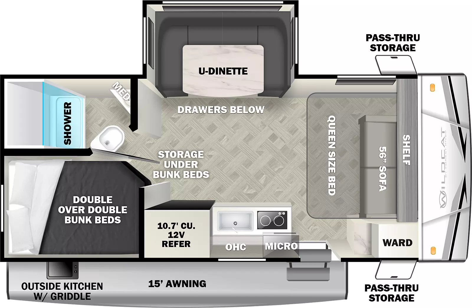The 182DBX has one slideout and one entry. Exterior features front pass through storage, outside kitchen with griddle, and 15 foot awning. Interior layout front to back: sofa with queen size bed that folds down with shelf above and door side wardrobe; off-door side u-dinette slideout with drawers below; door side entry, kitchen counter with cooktop, sink, microwave and overhead cabinet, and 12V refrigerator; rear off-door side full bathroom with medicine cabinet; rear door side double over double bunk beds with storage under bunk beds.