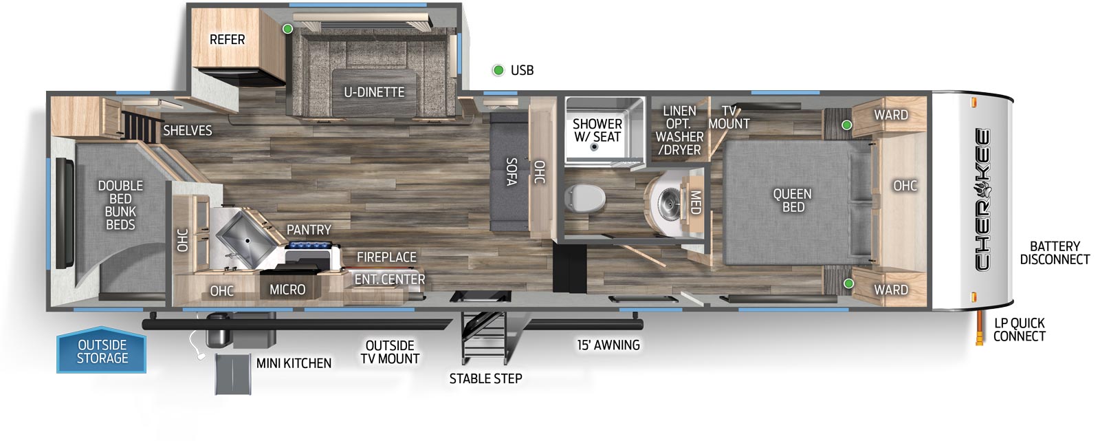 The 265GDKBL has 1 slideout on the off-door side and 1 entry door. Exterior features include rear door-side outside storage, mini kitchen, 15 ft awning, outside TV mount, stable step, LP quick connect and battery disconnect. Interior layout from front to back includes: front bedroom with foot facing Queen bed, opposing side wardrobes, overhead cabinet and TV mount; off-door side aisle bathroom with shower w/ seat, linen closet with optional washer/dryer, toilet, vanity and medicine cabinet; rear facing sofa with overhead cabinet; off-door side slide out holding a refrigerator and U-dinette; door side kitchen with overhead cabinets, angled single basin sink, overhead microwave, pantry, stovetop and entertainment center with fireplace; rear double bed bunk beds with shelves.