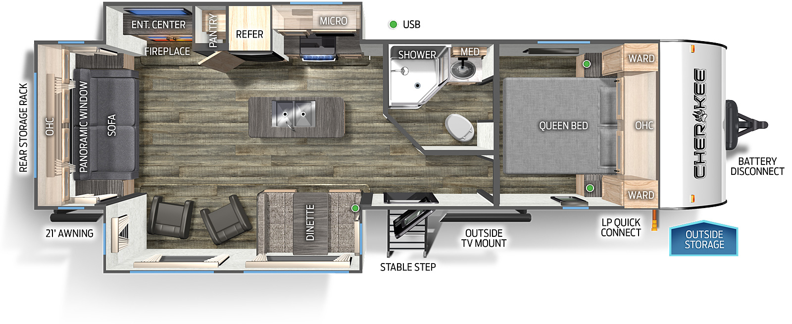 The 274WKBL features two slide outs and one entry door. Exterior features include a rear storage rack, 21 foot awning, mid stable step entry, outside TV mount, outside storage, LP quick connect, and battery disconnect. Interior layout front to back: queen bed with overhead cabinet and wardrobes on each side; off-door side aisle pass through full bathroom with medicine cabinet; off-door side slide out with overhead cabinet, microwave, cooktop stove, refrigerator, pantry, and entertainment center with fireplace below; kitchen island with sink; door side slide out dinette and two chairs; rear sofa with overhead cabinet, and panoramic window.