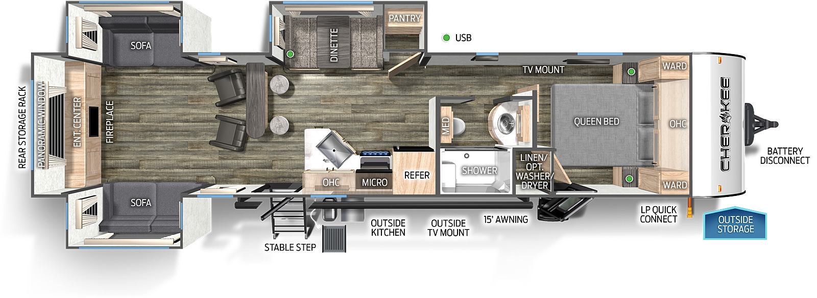 The 306MMBL has three slide outs and two entry doors. Exterior features include a rear storage rack, rear stable step entry, outside kitchen, outside TV mount, 15 foot awning, LP quick connect, outside storage, and battery disconnect. Interior layout front to back: queen bed with overhead cabinet, wardrobes on either side, entry door, linen closet with optional washer/dryer, and TV mount; door side aisle full bathroom with medicine cabinet; off-door side slide out with pantry and dinette, and bar top with stools on one side and chairs on the other; door side refrigerator, microwave, cooktop stove, overhead cabinet, peninsula countertop with sink and entry door; rear opposing sofa slideout with an entertainment center with fireplace and panoramic window along the back wall.