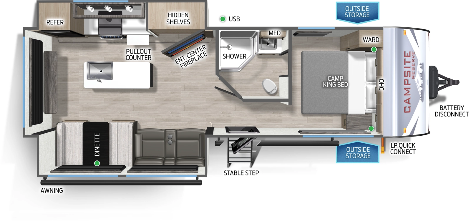 The Campsite Ultra 25JT floorplan has one entry and two slide outs. Exterior features include: fiberglass exterior. Interiors features include: kitchen island, front bedroom and rear living.